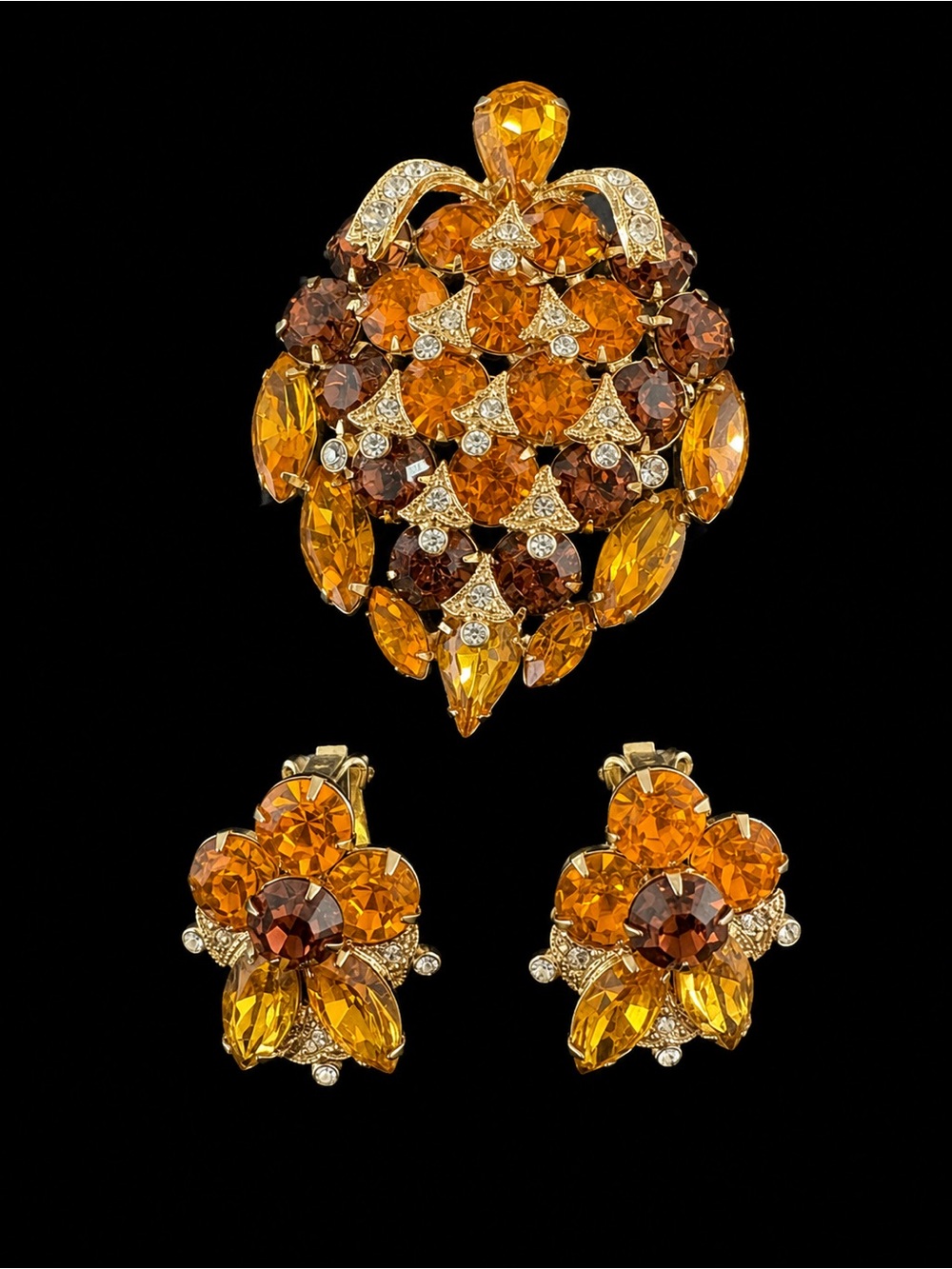 MCM Signed Eisenberg ICE Topaz Smoked Topaz Swarovski Brooch Clip Earring Set